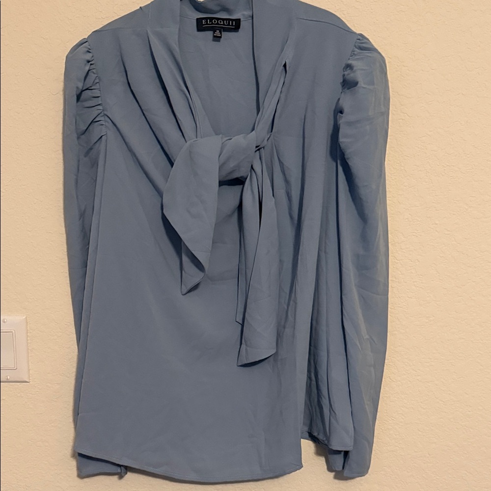 Eloquii Women's Light Blue Tie-Neck Blouse